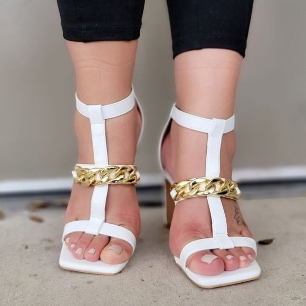 White Chunky Heel Sandals Gold Chain Open Square Toe Adjustable Buckle - Picture 3 of 4